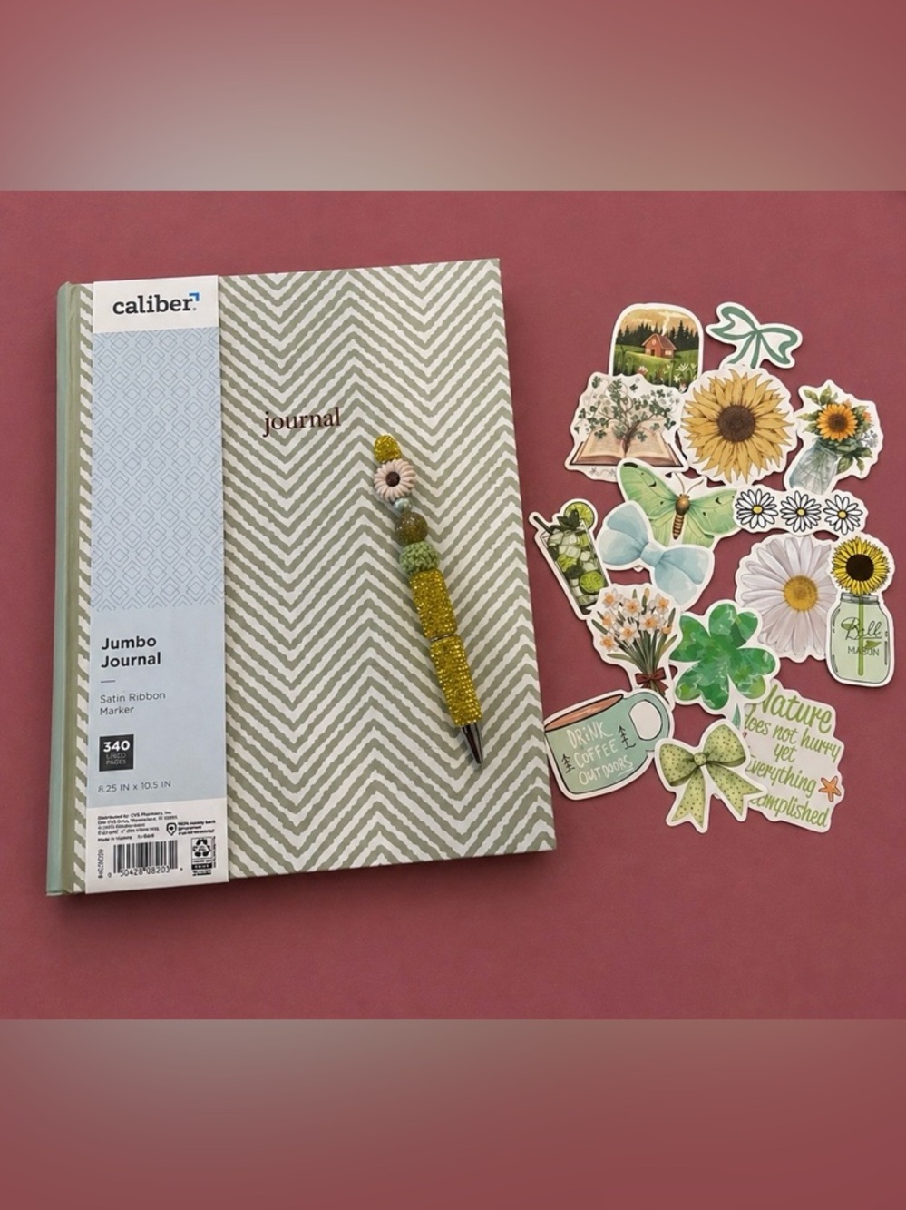 Handmade beaded rhinestone flower pen, hardcover journal and 15 sticker set